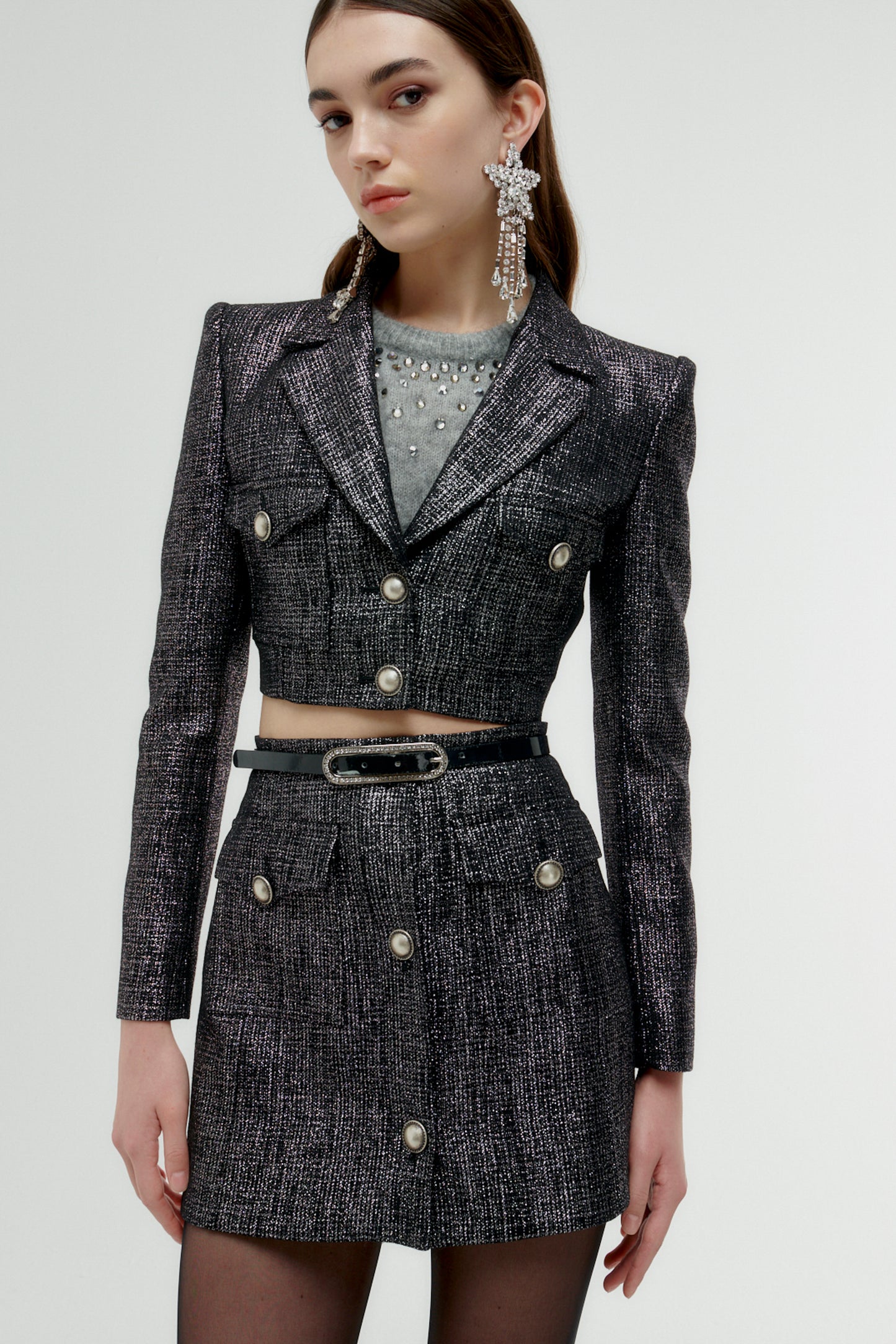 TWEED SILVER LUREX MINI SKIRT WITH BUTTONS
