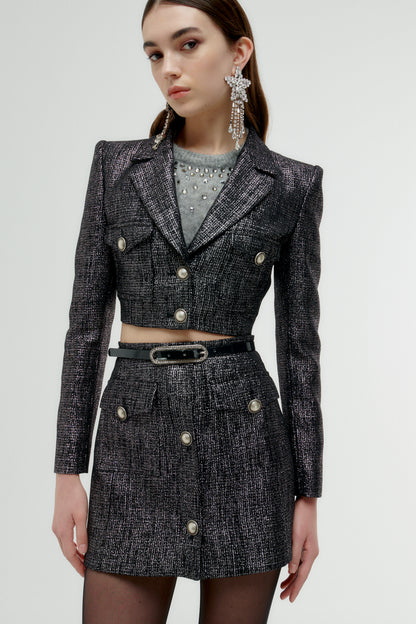 TWEED SILVER LUREX MINI SKIRT WITH BUTTONS