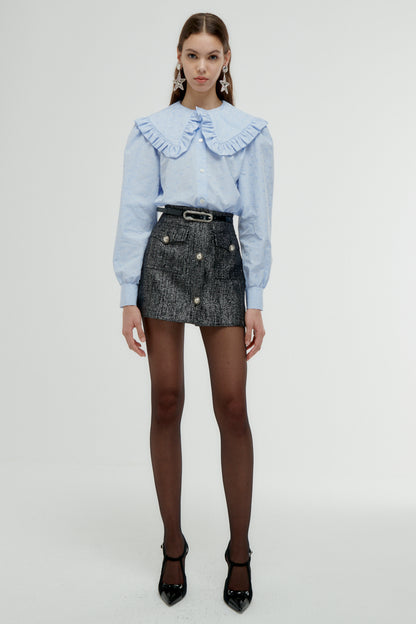 TWEED SILVER LUREX MINI SKIRT WITH BUTTONS