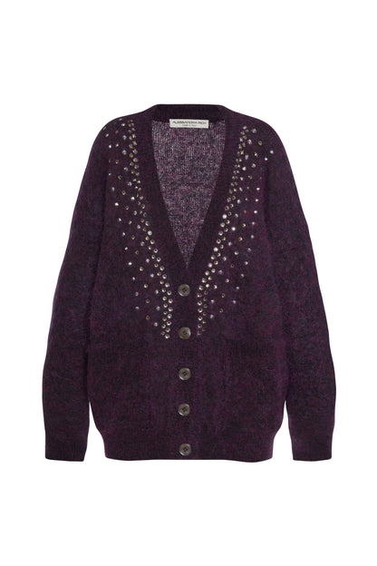 MOHAIR KNITTED LONG CARDIGAN WITH CRYSTAL HOTFIX