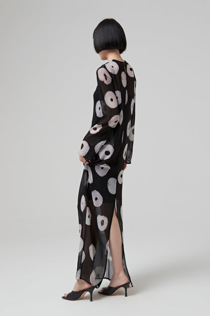 LONG SLEEVES STRAIGHT DRESS IN PRINTED CREPON
