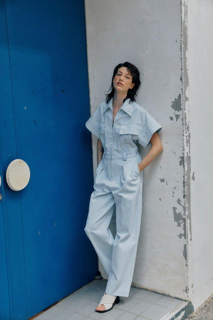 DENIM ZIP-UP WIDESLEEVE JUMPSUIT