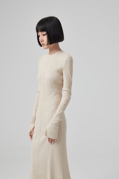 CREW NECK OPEN BACK RIBBED JERSEY DRESS