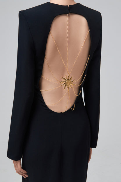 OPEN BACK SABLÉ LONG DRESS WITH SUN JEWEL