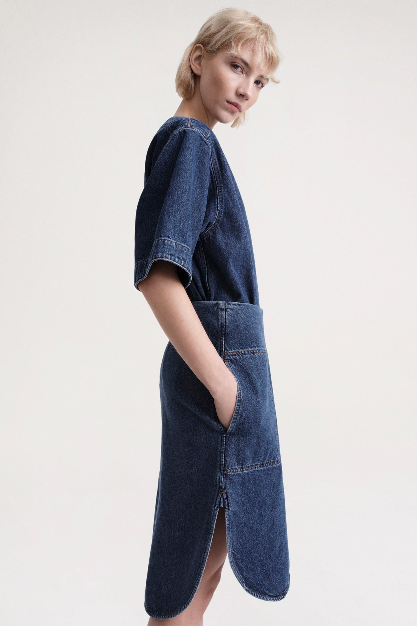 Curved-Hem Denim Skirt