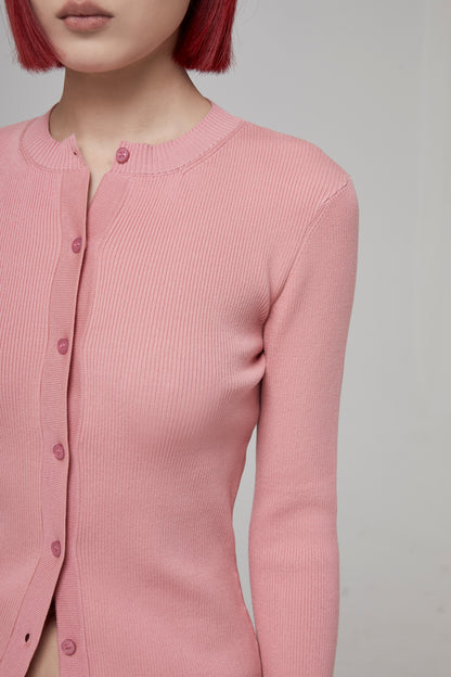 LONG SLEEVE RIBBED BUTTON FRONT CARDIGAN