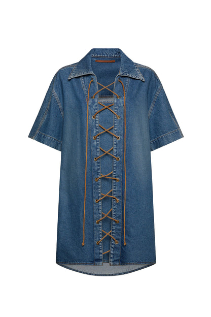 SHORT SLEEVED DENIM TUNIC DRESS WITH TIES