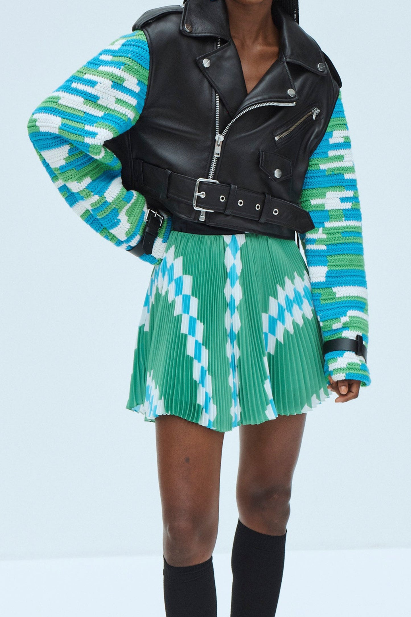 CROCHET SLEEVE LEATHER JACKET