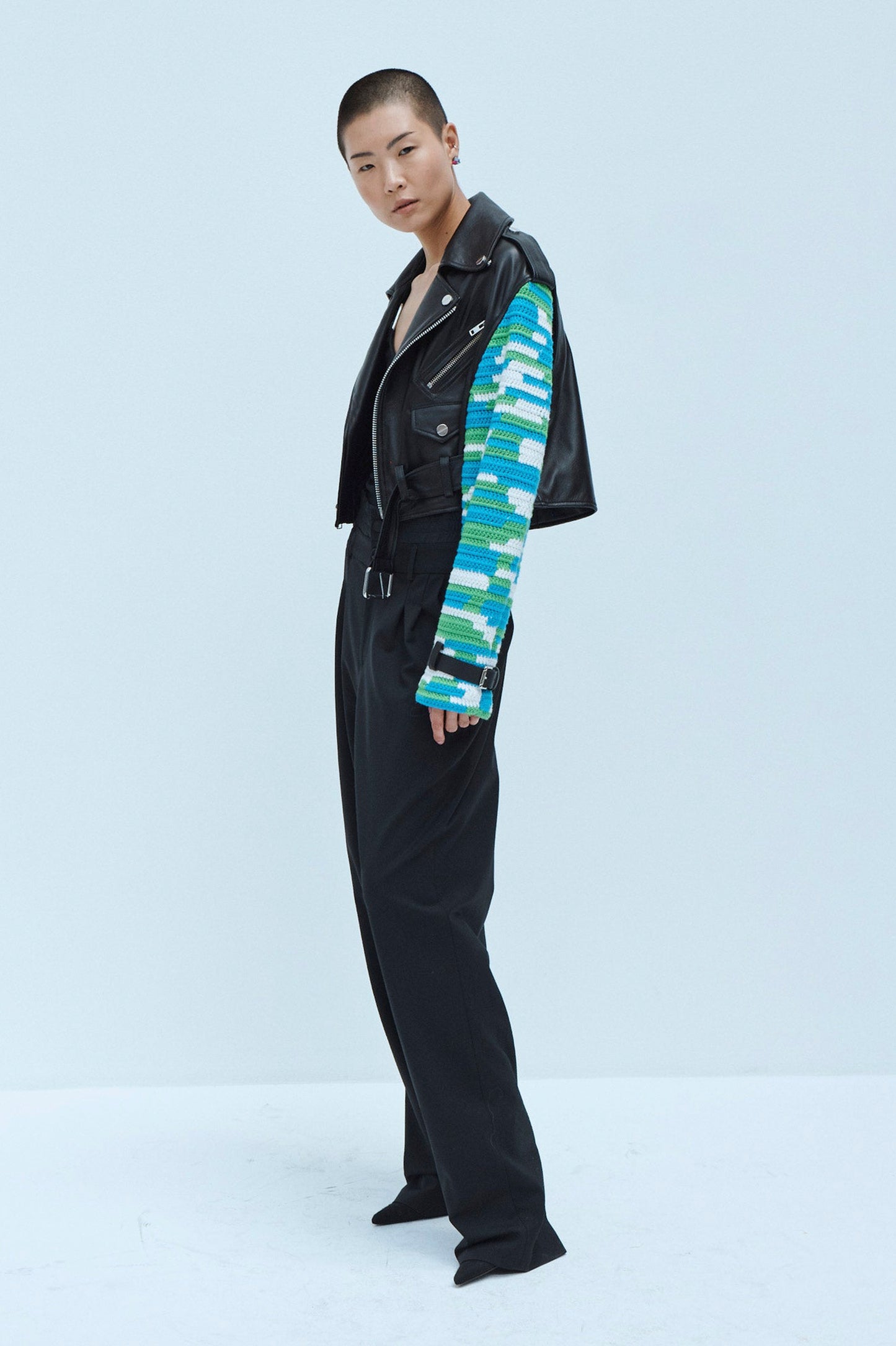 CROCHET SLEEVE LEATHER JACKET