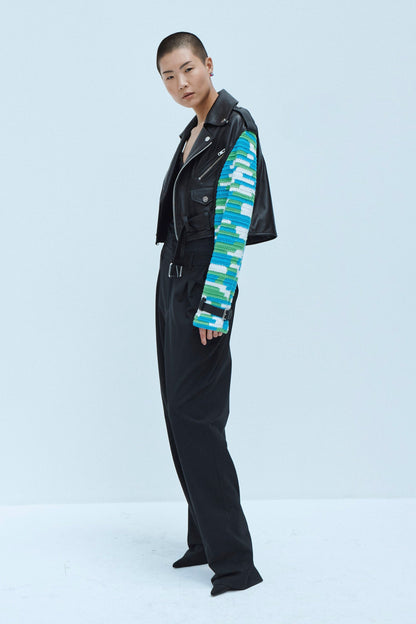CROCHET SLEEVE LEATHER JACKET