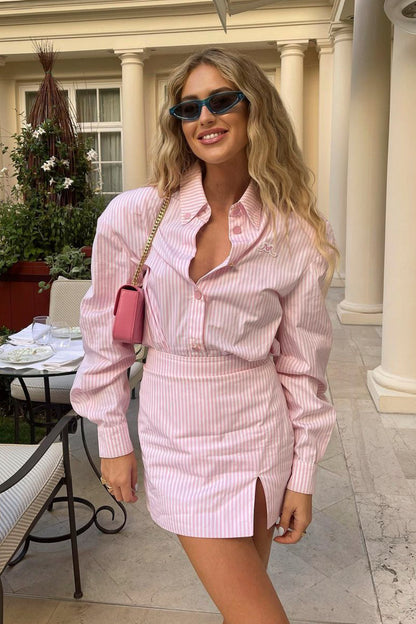 Striped Cotton Poplin Mini Skirt with Slit