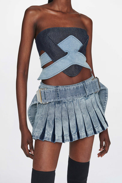 DARTED DENIM MINI SKIRT
