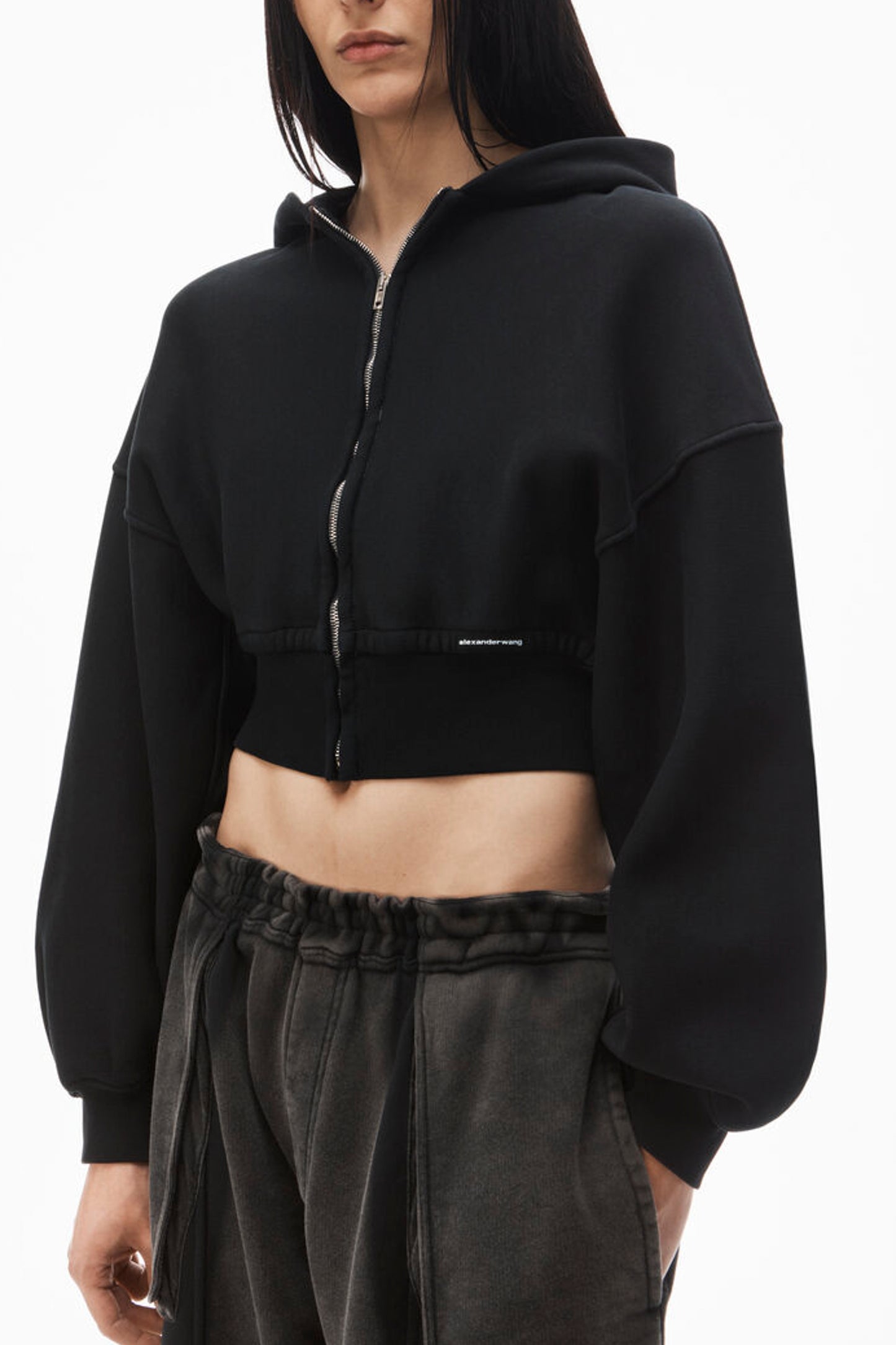 CROPPED ZIP UP HOODIE WITH BRANDED SEAM LABEL