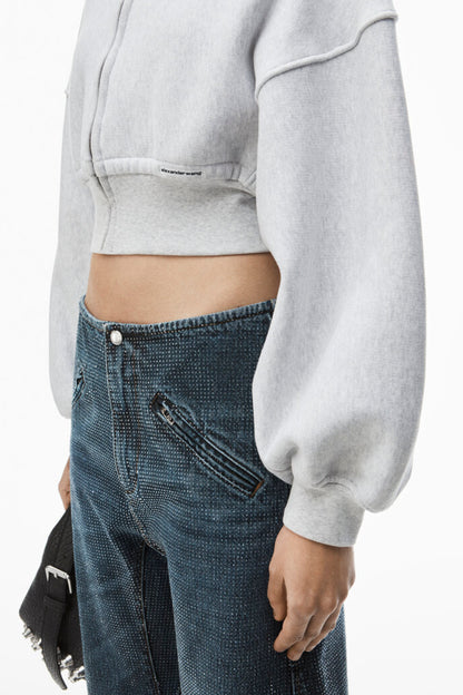 CROPPED ZIP UP HOODIE WITH BRANDED SEAM LABEL