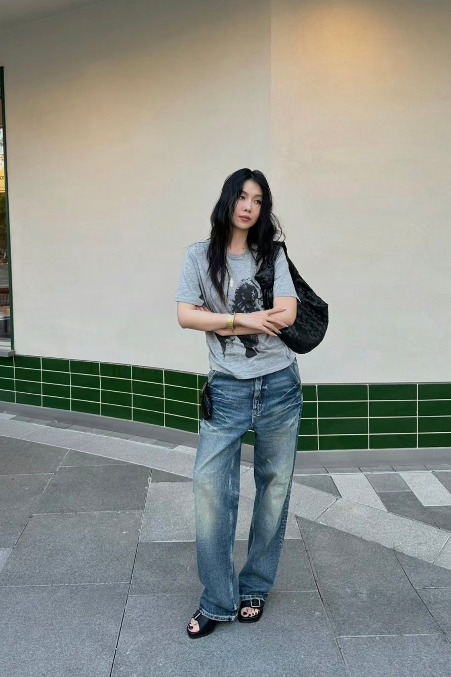 333做旧水洗直筒牛仔裤