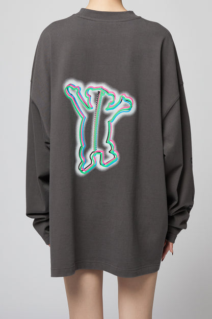 CHARCOAL COLORFUL TEDDY PRINT LONG-SLEEVED T-SHIRT