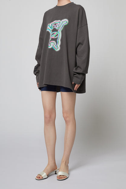 CHARCOAL COLORFUL TEDDY PRINT LONG-SLEEVED T-SHIRT