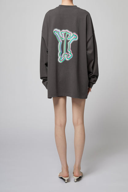 CHARCOAL COLORFUL TEDDY PRINT LONG-SLEEVED T-SHIRT