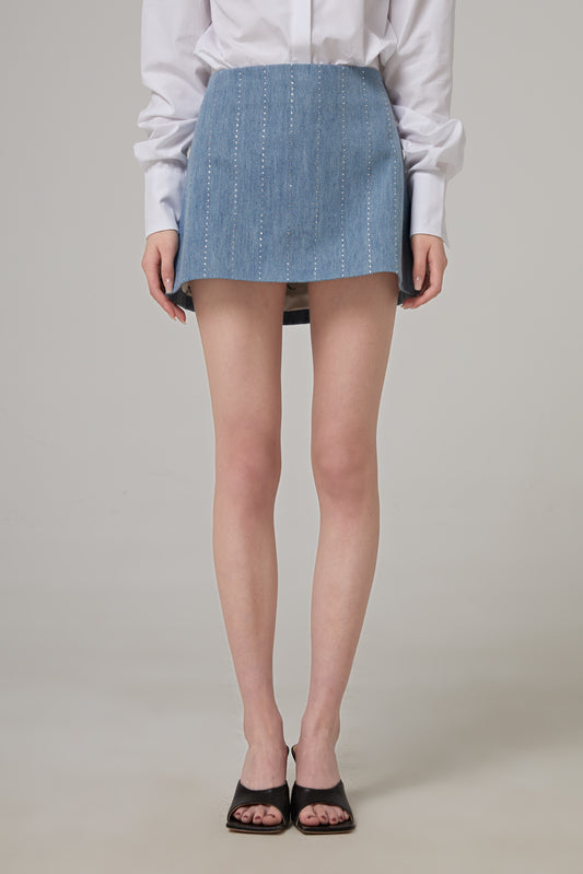 Pinstripe Strass Denim Mini Skirt