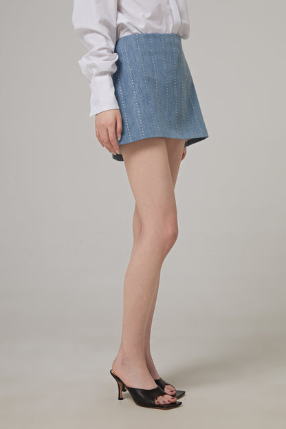 Pinstripe Strass Denim Mini Skirt