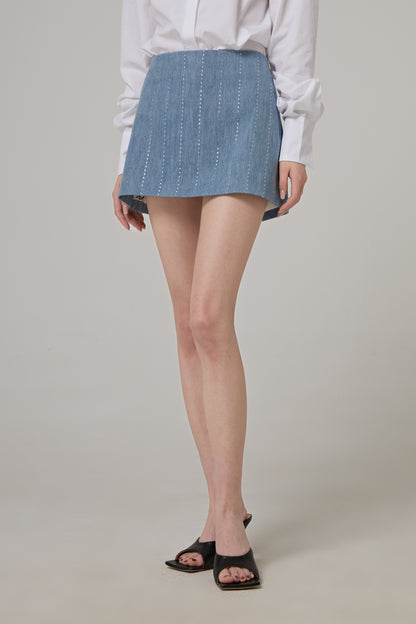 Pinstripe Strass Denim Mini Skirt