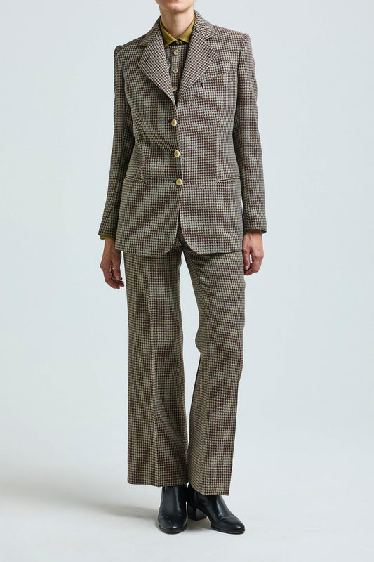 THE LAURA TROUSERS WOOL HOUNDSTOOTH HUNTER GREEN AND BERRY RED