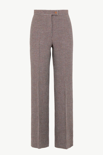 THE LAURA TROUSERS WOOL HOUNDSTOOTH HUNTER GREEN AND BERRY RED
