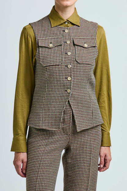 THE LUCIA VEST WOOL HOUNDSTOOTH HUNTER GREEN AND BERRY RED