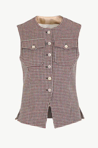 THE LUCIA VEST WOOL HOUNDSTOOTH HUNTER GREEN AND BERRY RED