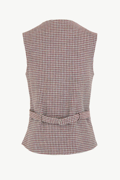 THE LUCIA VEST WOOL HOUNDSTOOTH HUNTER GREEN AND BERRY RED