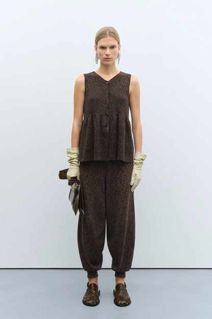 FLECKED COTTON PEPLUM TOP BROWN