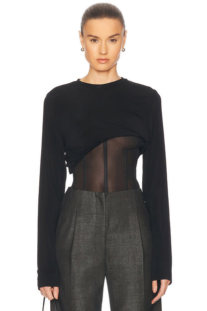 COILED JERSEY CORSETED L/S TEE