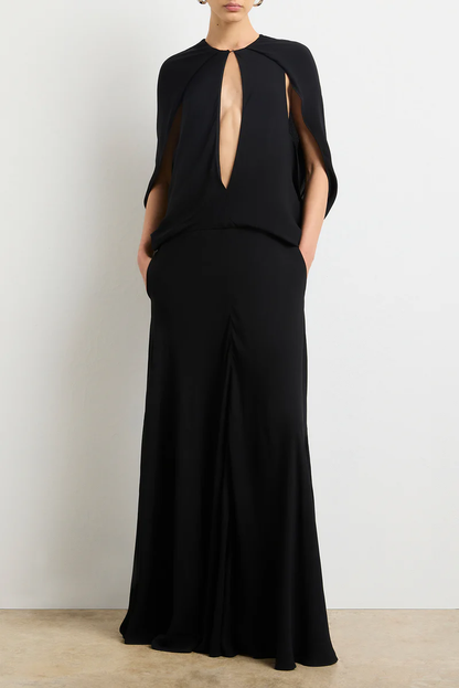 THE JILLIAN DEEP V CAPE DRESS W/ ELASTIC WAISTBAND