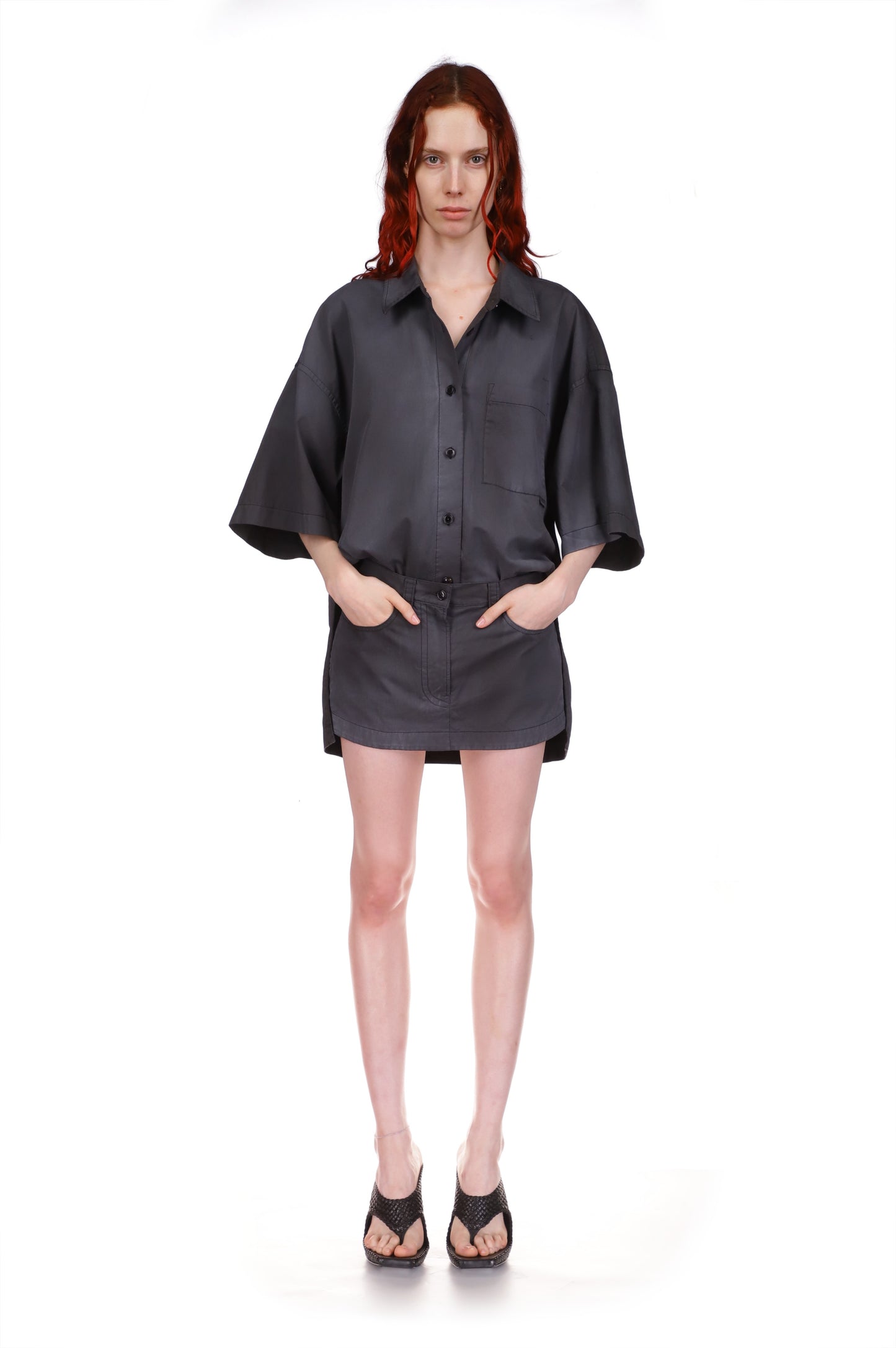 SHORT SLEEVE PRESTYLED MINI SHIRT DRESS