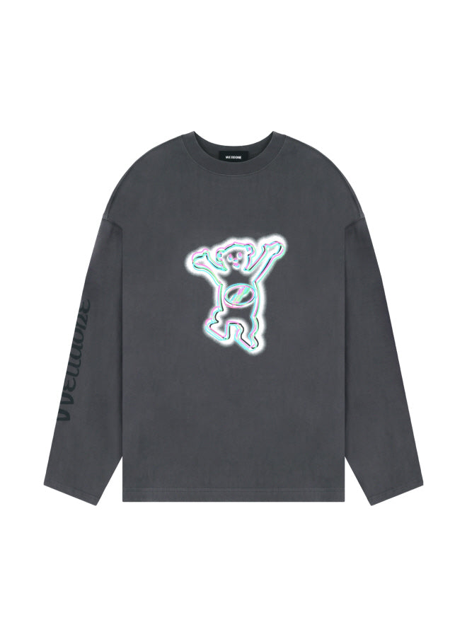 CHARCOAL COLORFUL TEDDY PRINT LONG-SLEEVED T-SHIRT