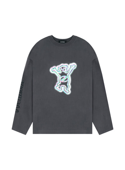 CHARCOAL COLORFUL TEDDY PRINT LONG-SLEEVED T-SHIRT