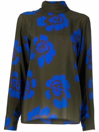 LONG SLEEVES, STAND UP COLLAR TOP IN GRADIENT BLUE FLOWERS PRINTED SILK