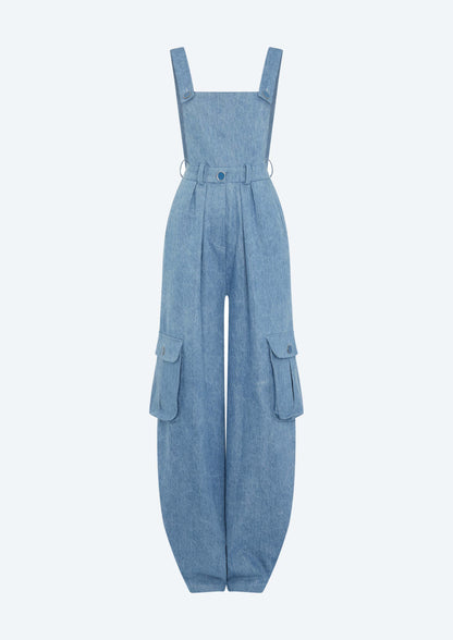 OVERSIZED HIGH WAISTED CARGO OVERALLS - DENIM
