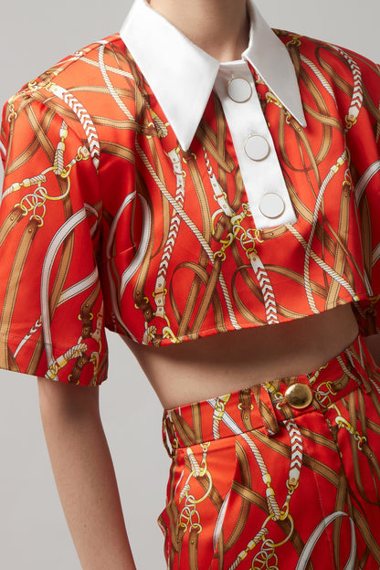 PRINTED CROPPED POLO - ORANGE SCARF
