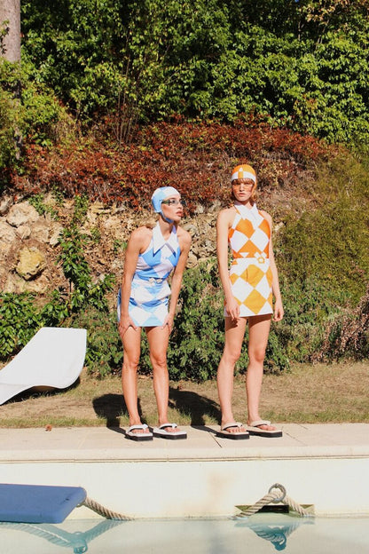RECYCLED LYCRA ONE-PIECE BACKLESS SWIMSUIT WITH POLO COLLAR AND MATCHING BELT - LIGHT BLUE SQUARES