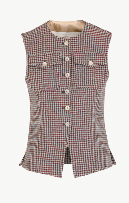 THE LUCIA VEST WOOL HOUNDSTOOTH HUNTER GREEN AND BERRY RED