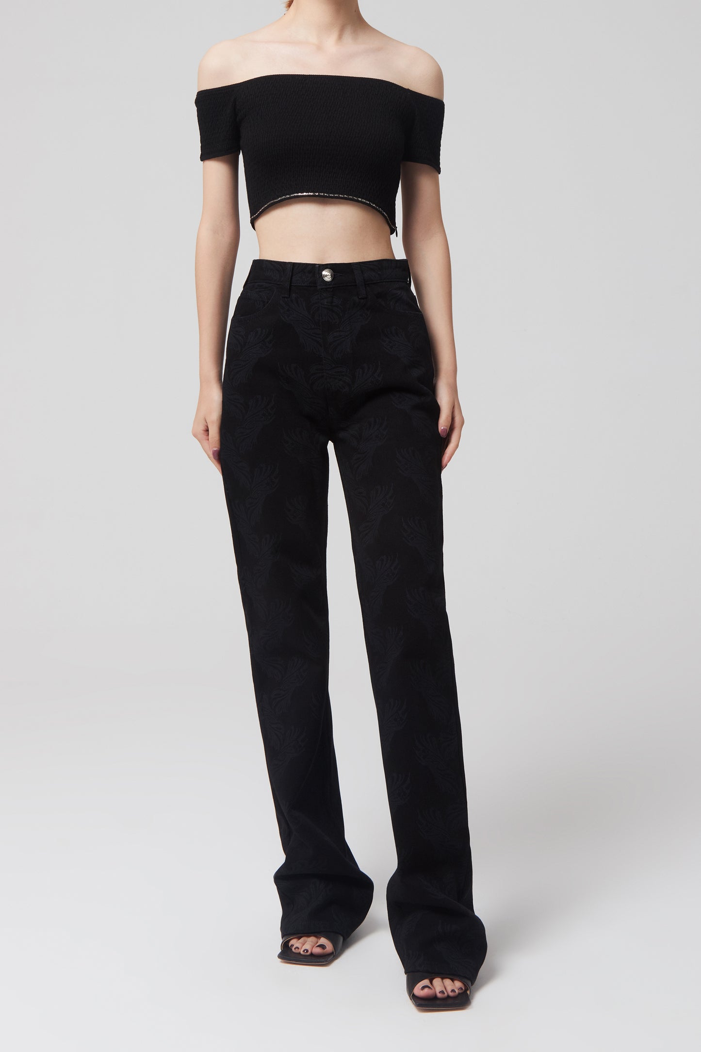 ALLOVER PRINTED SEMI BOOTCUT DENIM PANTS