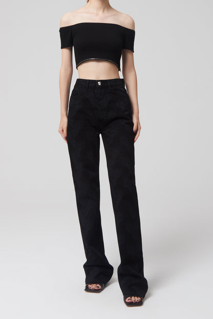 ALLOVER PRINTED SEMI BOOTCUT DENIM PANTS