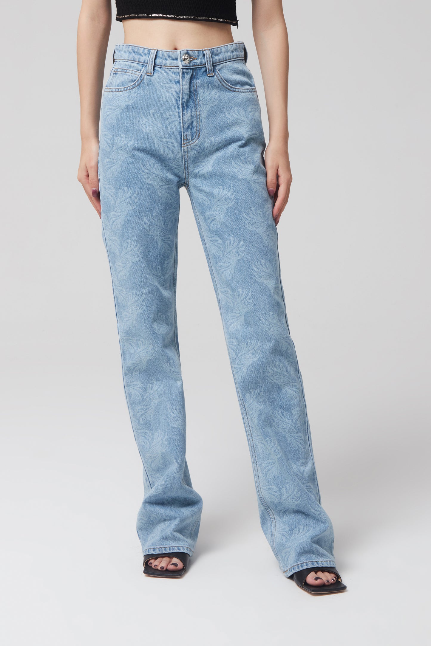 ALLOVER PRINTED SEMI BOOTCUT DENIM PANTS