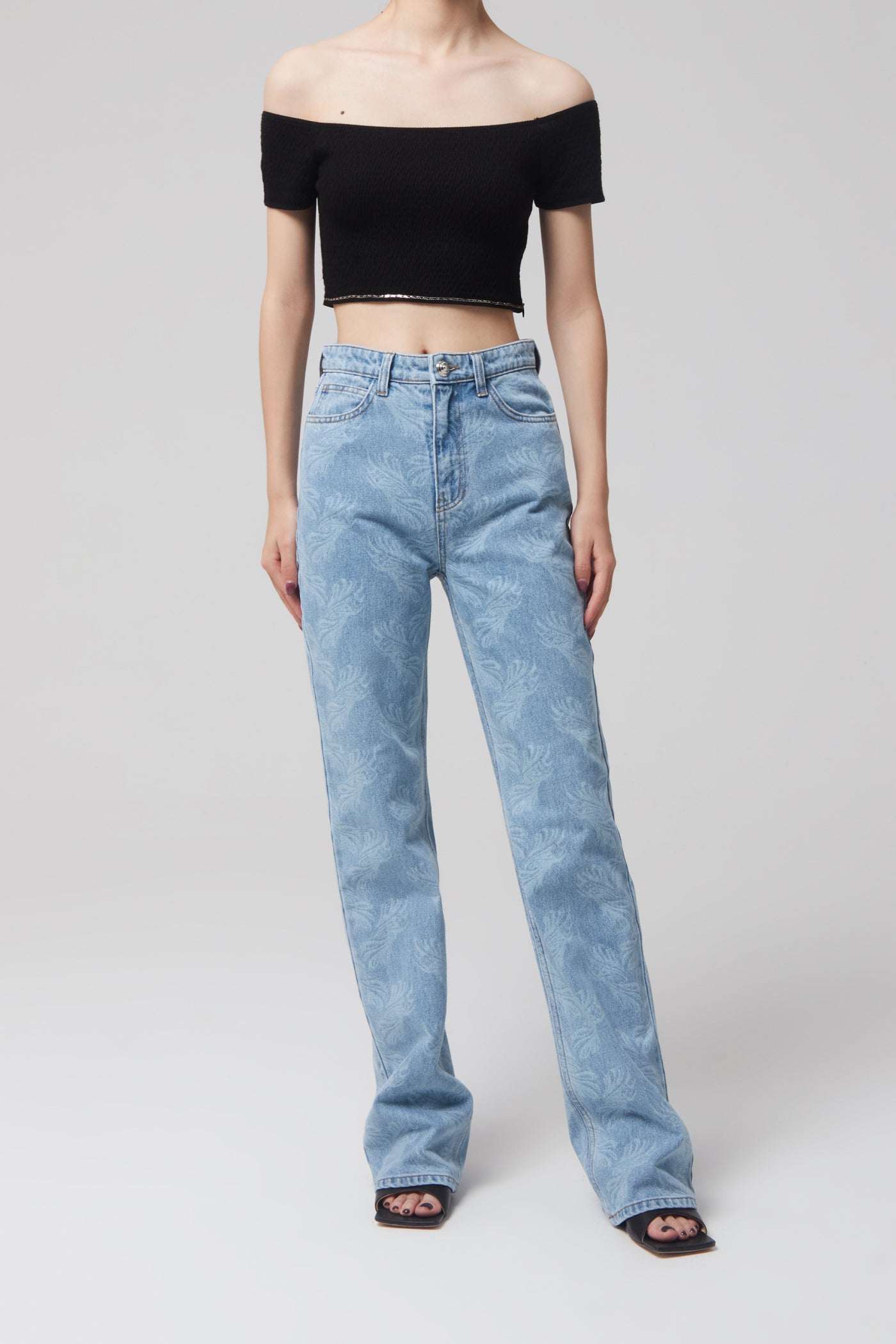 ALLOVER PRINTED SEMI BOOTCUT DENIM PANTS