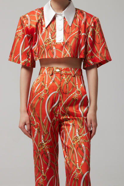 PRINTED CROPPED POLO - ORANGE SCARF
