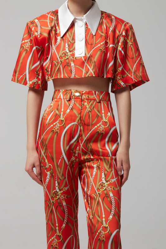 PRINTED CROPPED POLO - ORANGE SCARF