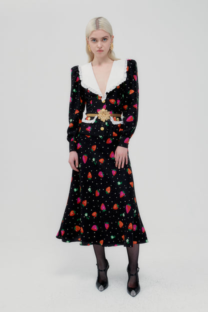 STRAWBERRY PRINT SILK JACQUARD DRESS WITH COLLAR
