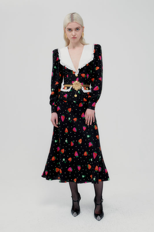 STRAWBERRY PRINT SILK JACQUARD DRESS WITH COLLAR