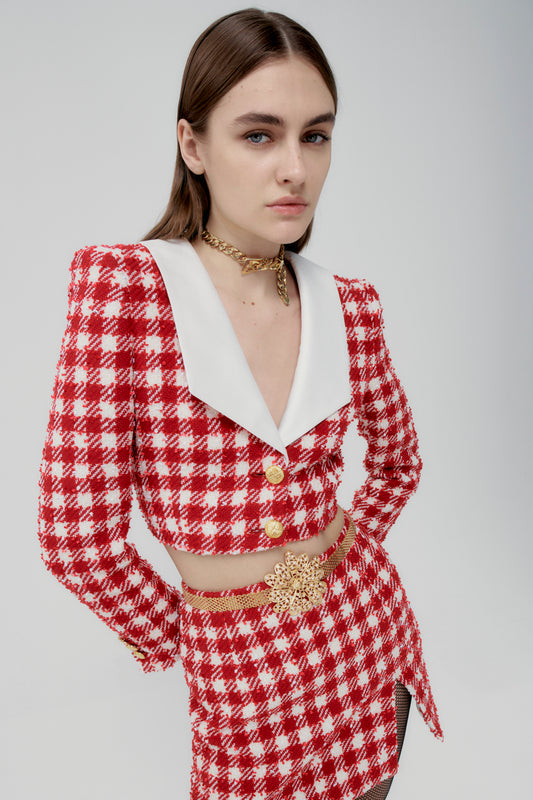 VICHY TWEED CROPPED JACKET WITH MIKADO COLLAR
